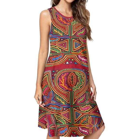 Mola de Panama Flower Spring Summer Dresses for Women Fashion T-shirt Dress Casual Sleeveless Loose Sundress with Pockets