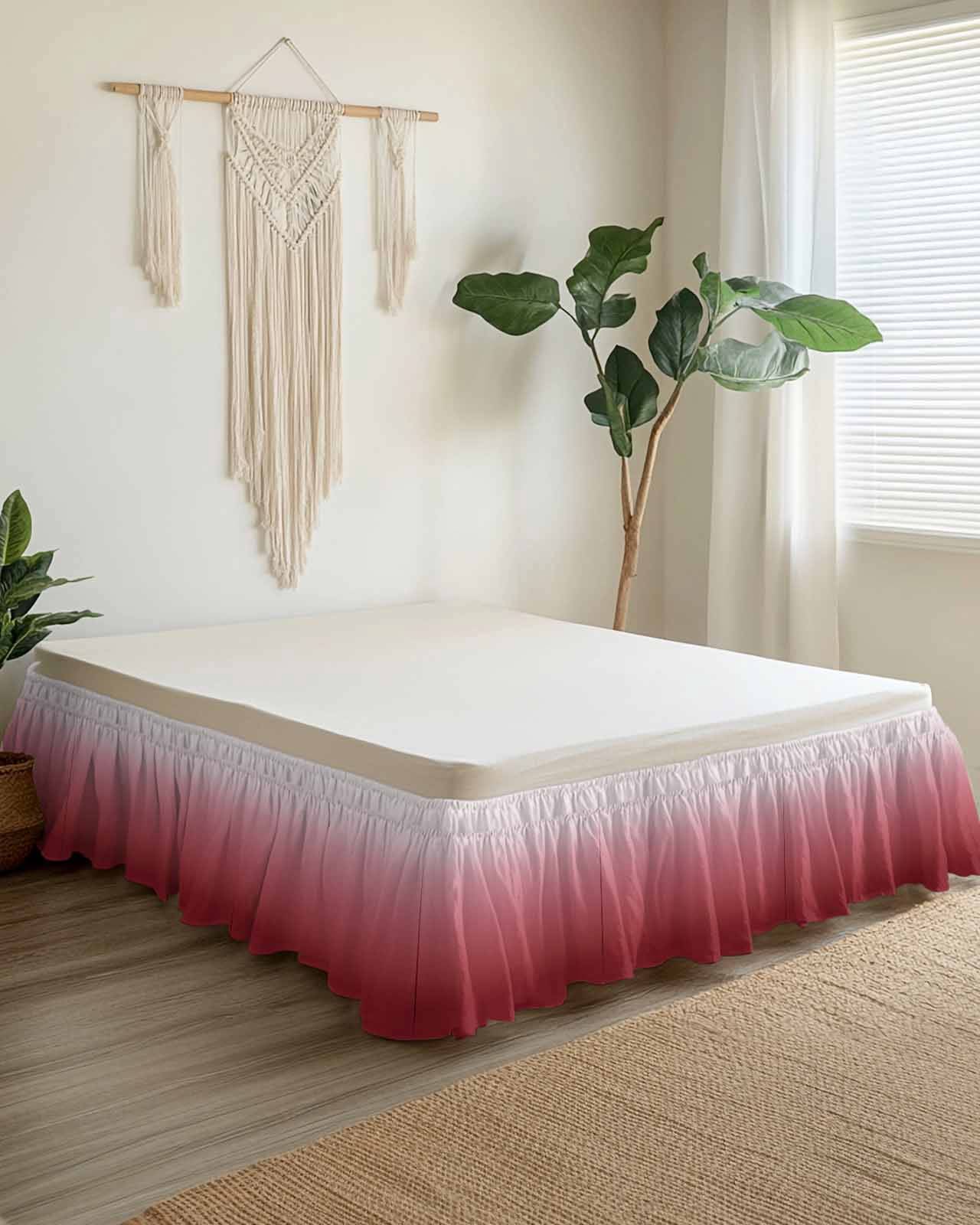 Red Gradient Bed Skirt Queen Size 16" Drop Ruffled Wrap Around Bed Skirts Adjustable Elastic Bedskirt Dust Ruffle for Queen Size Bed