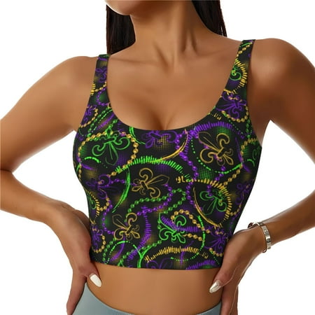 Jgfou Neon Mardi Gras Print Womens Sports Bra - Padded Workout Sports Bras Crop Tank Top