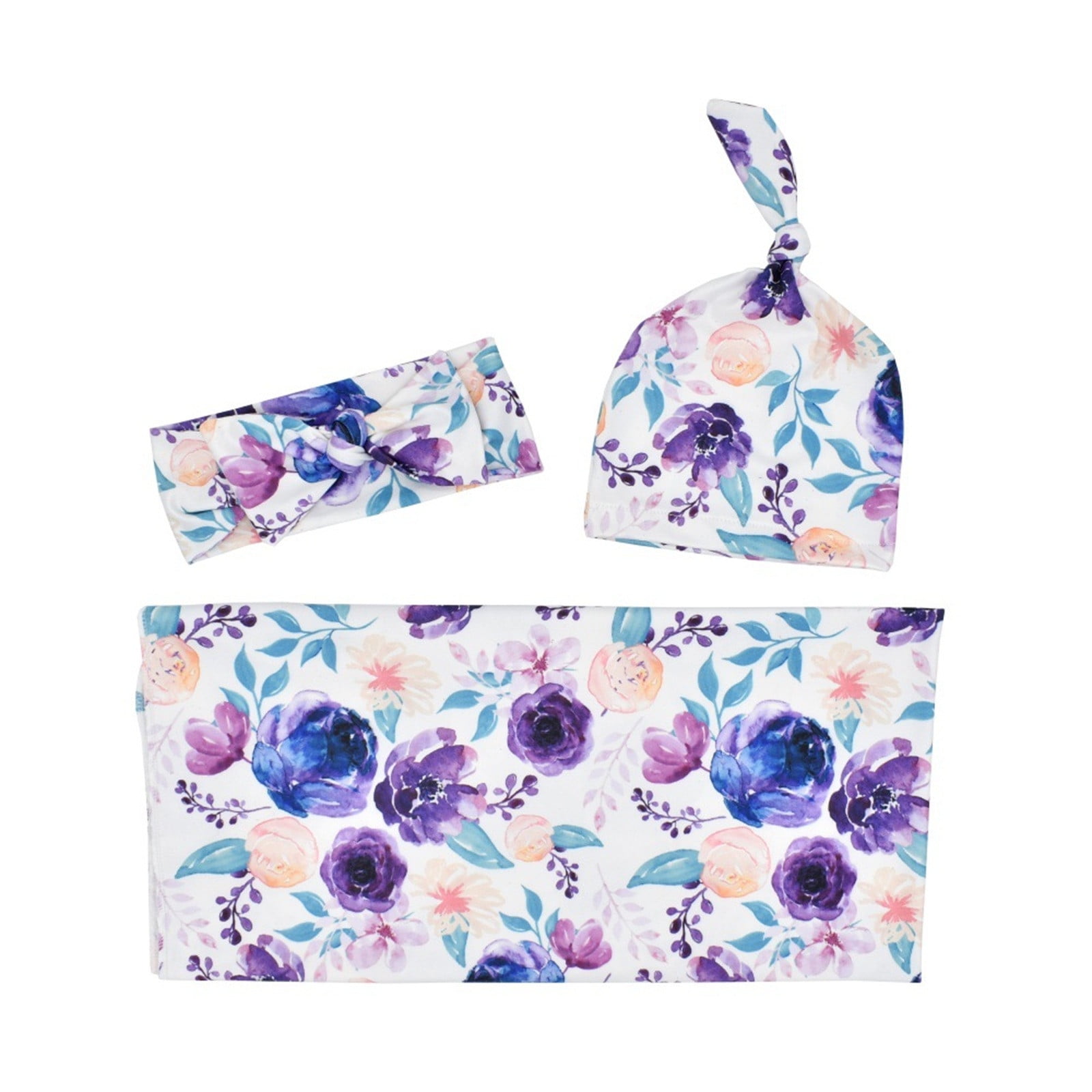 Purple Baby Receiving Blankets Soft Baby Swaddle Blankets Hat Headband Set For Boy Girl Stretchy Newborn Floral Receiving Blanket Infant Swaddling Blankets Baby Girl Clothes Walmart