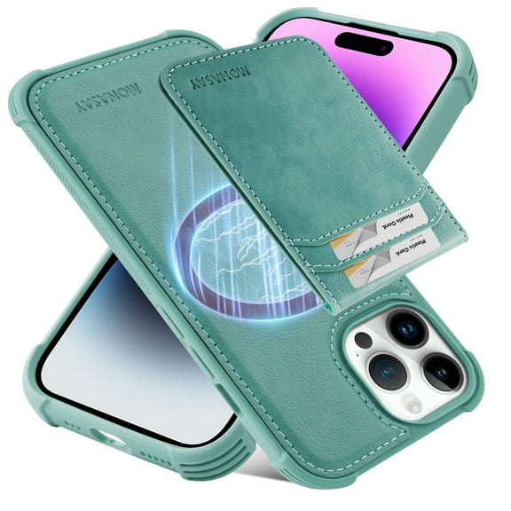 MONASAY Magwallet Case Compatible for iPhone 15 Pro Max,[Support MagSafe Wireless Charging][Glass Screen Protector]Flip Magnetic Leather Wallet Phone Cover with Detachable Card Holder