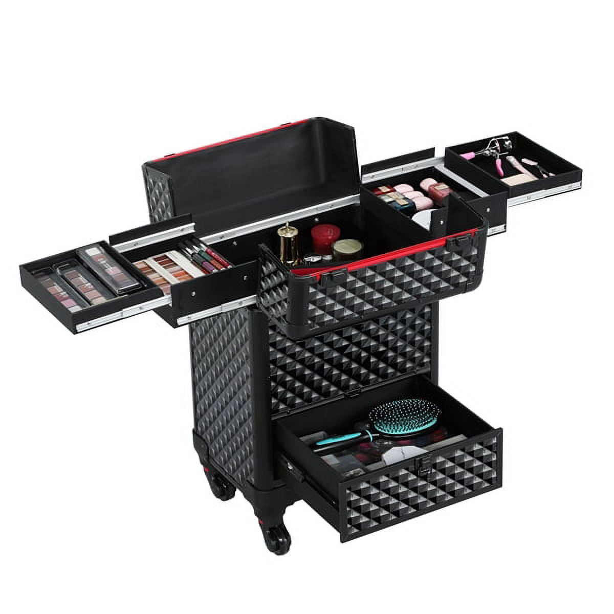 Professional Aluminum Cosmetic Train Case Universal Wheels with Brush Bag Black