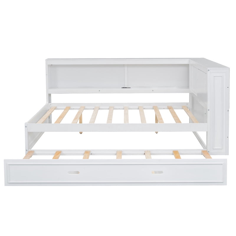 Full Size Wood Daybed with Twin Size Trundle, Storage Bed Frame with Shelves & Cabinets, Sofa Bed with LED Light and Charge Station
