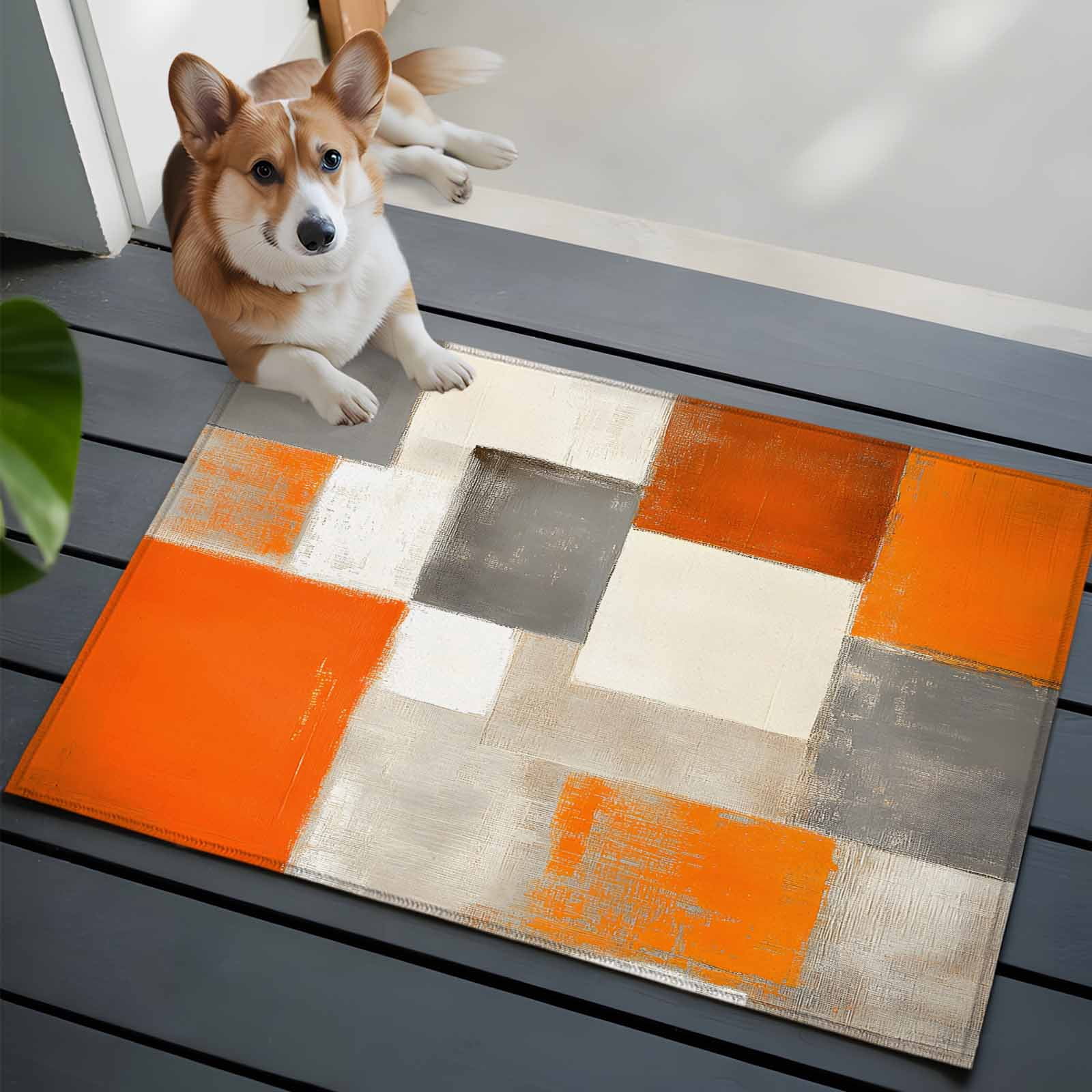 Burnt Orange Bathroom Mat 2x3 FT, Non Slip Small Kitchen Mat, Grey Modern Abstract Art Oil Painting Geometric Washable Soft Backed Front Door Throw Rug Indoor Outdoor Doormat for Entryway Sink