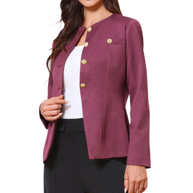BLAZER ELEGANTE INSPIRADOR PARA MUJERES SIN COLLAR, CON BOTONES, MANGAS LARGAS Y PEPLUM, COLOR PÚRPURA