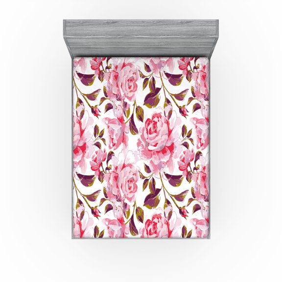 Ambesonne Rose Pattern Fitted Sheet, Dreamy Peduncle Bloom, Queen Size, Pastel Pink Indigo and White