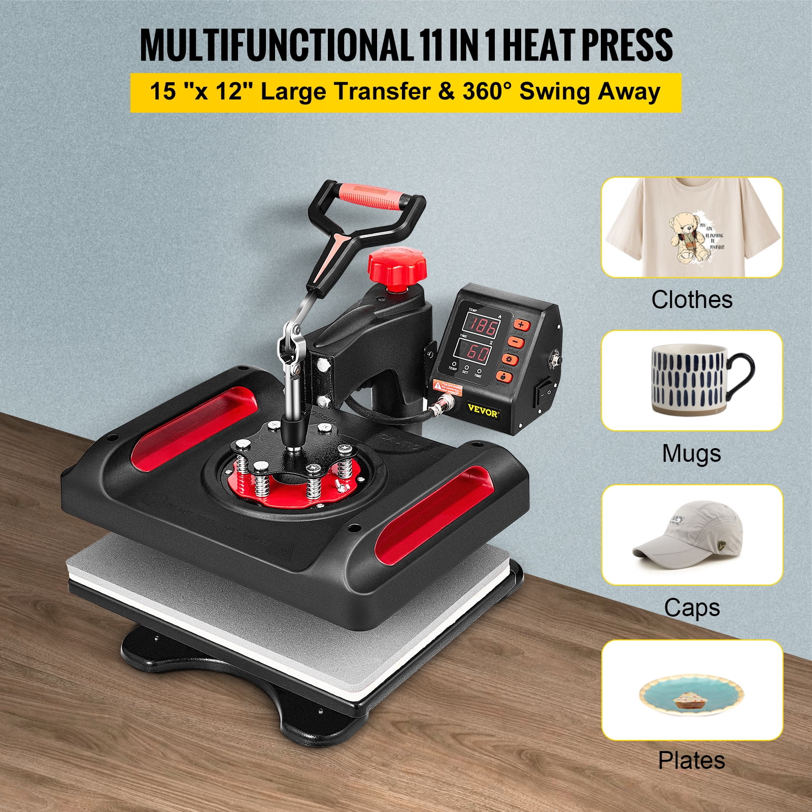 VEVOR 11 in 1 Heat Press Multifunctional Clamshell Printer, 800w Digital Dual-Tube Machine with 360 Swing Away Sublimation , 15x12 Inch
