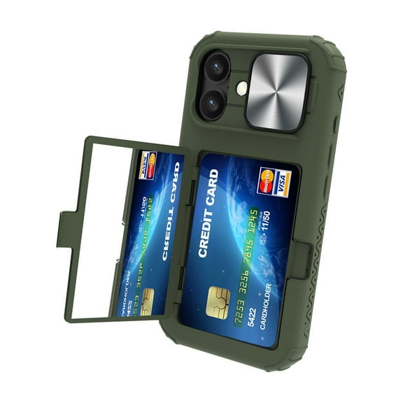 Allytechgroup iPhone 16 Case with Sliding Camera Lens Protector, Shockproof Full Body Protective Anti-Slip Card Holder Wallet Phone Case for Apple iPhone 16, Green