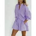 thumbnail image 4 of Women'S Summer 2 Piece Sets Striped Puff Sleeve Button Down Shirts Tops Matching Shorts Sets Casual Outfits Purple XL, 4 of 8