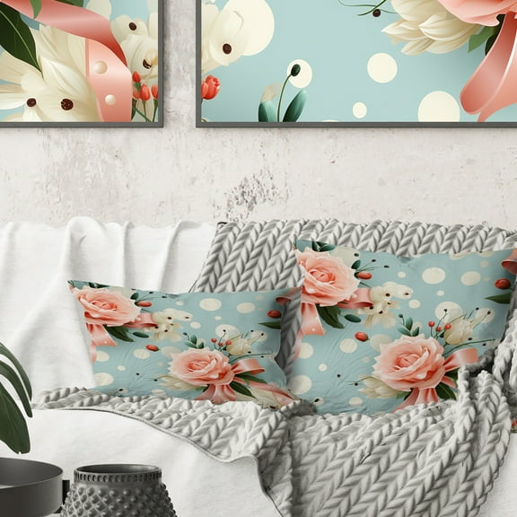 Designart "Delightful Pink Roses and Polka Dots" Polka Dots Printed Throw Pillow