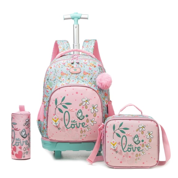 Kids Pink Rolling Backpacks for School Girls Backpack with Lunch Box Pencil Case for Elementary Students Ages 6-8