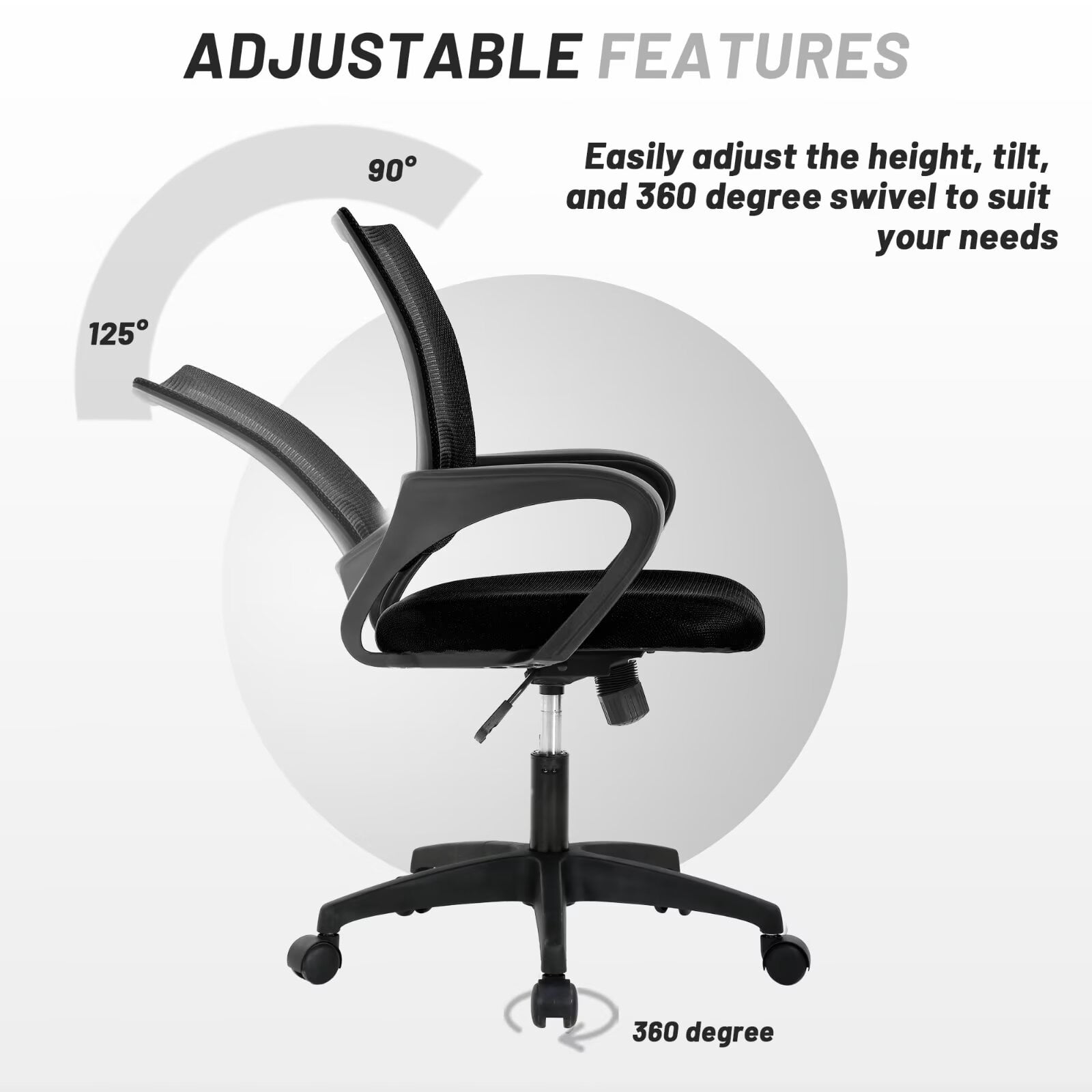 CL.HPAHKL Mesh Office Chair with Wheels, Adjustable Ergonomic Computer Desk Chair with Lumbar Support & Armrest, Comfortable Swivel Rolling Chair for Home Office Work Study, Black