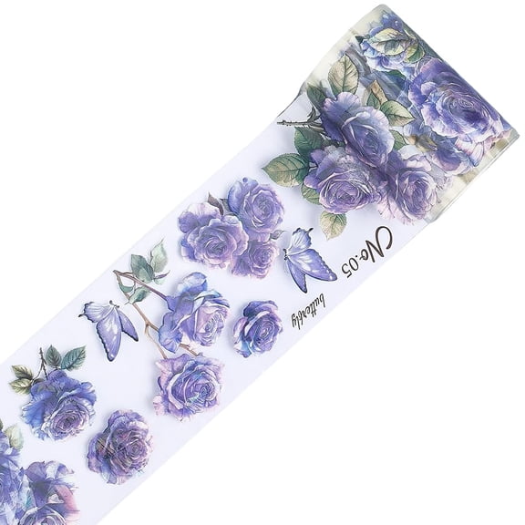 2.19Ydsx2.36In Purple Rose PET Tape Clear Flower Floral Journal Scrapbooking Decorative Stickers Original Vintage DIY Handbook Crafts Collage Gift Wraping for Diary Art Planner Supplies 1roll