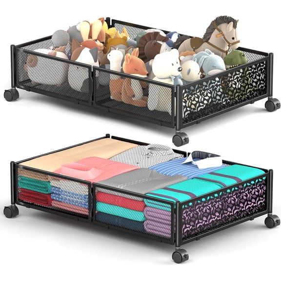 Under Bed Storage with Wheels, 2 Pack Foldable Metal Under Bed Storage Containers, 60L Rolling Underbed Storage, Easy Assembly Under The Bed Storage for Bedroom Clothes Shoes Blankets