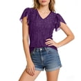 thumbnail image 4 of Craaazy Womens Plus Size Shimmer V Neck T-Shirt with Ruffle Flutter Sleeves Solid Color Top for Casual Occasions, 4 of 7
