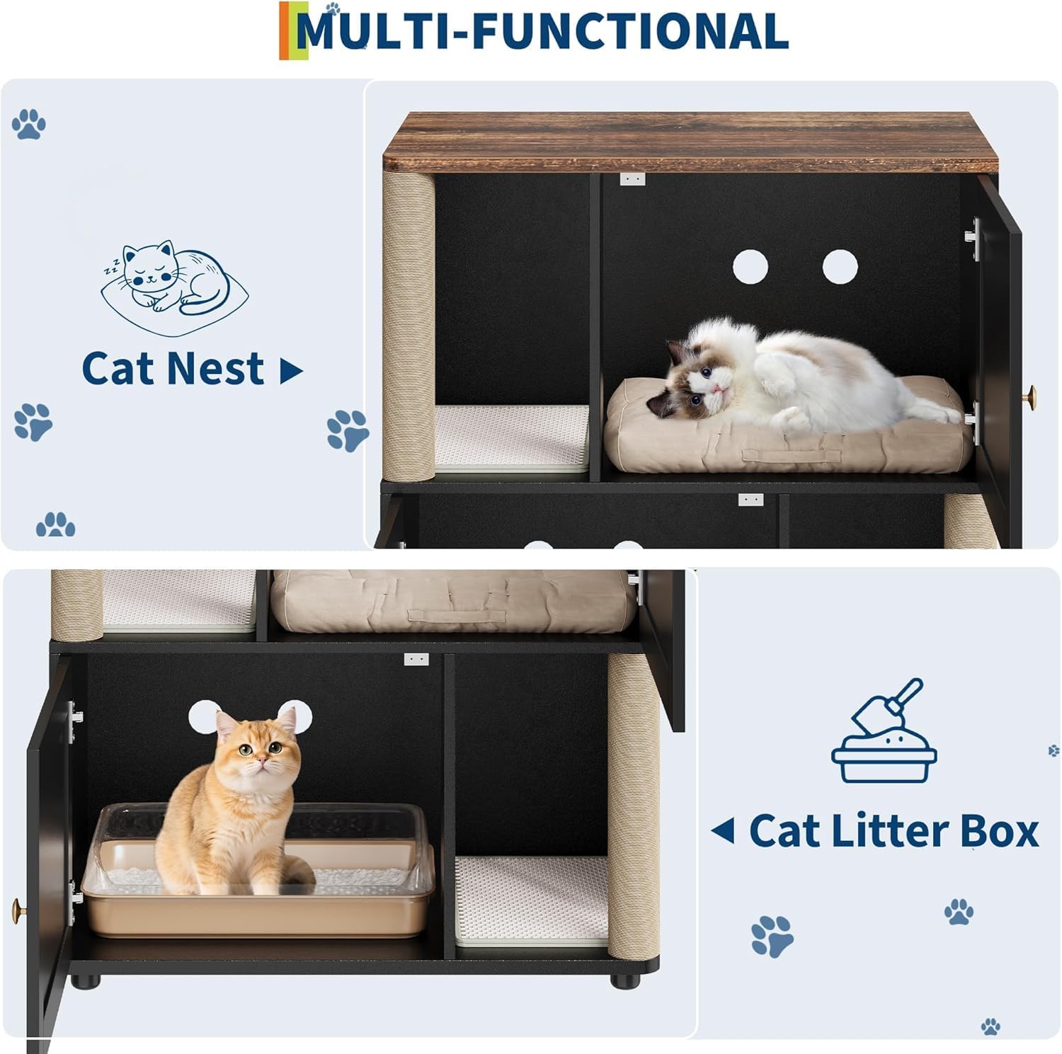 OUTGOODS Double Cat Litter Box Enclosure Furniture, Engineered Wood, Natural Finish
