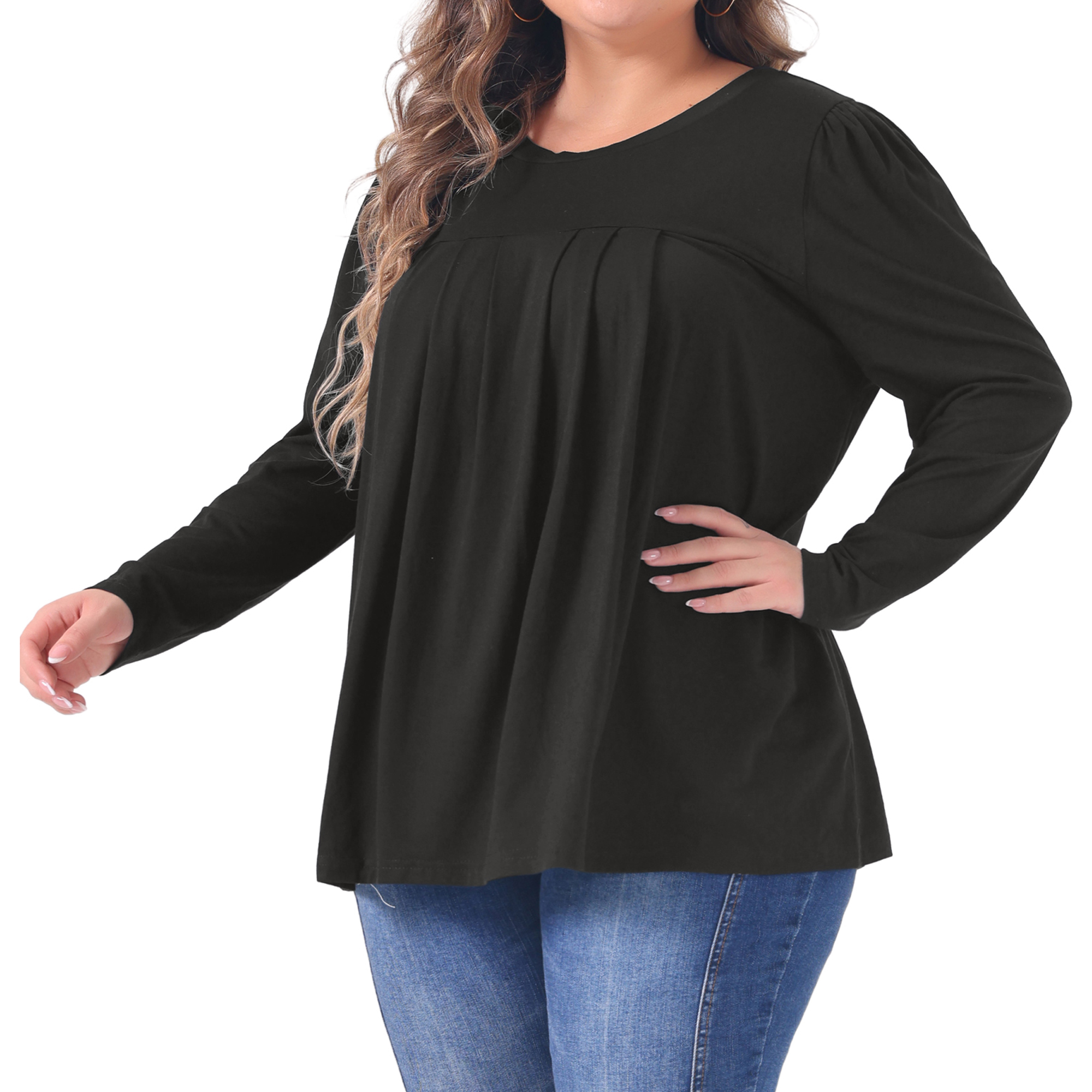 DARING DIVA Women's Plus Long Sleeve Pleated Crew Neck Blouse 1X Black