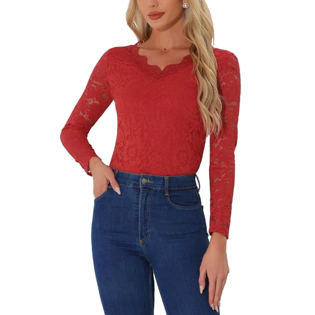 INSPIRAR CHIC Día de San Valentín Blusa de Encaje Floral de Manga Larga con Escote en V y Detalle de Encaje XS Rojo