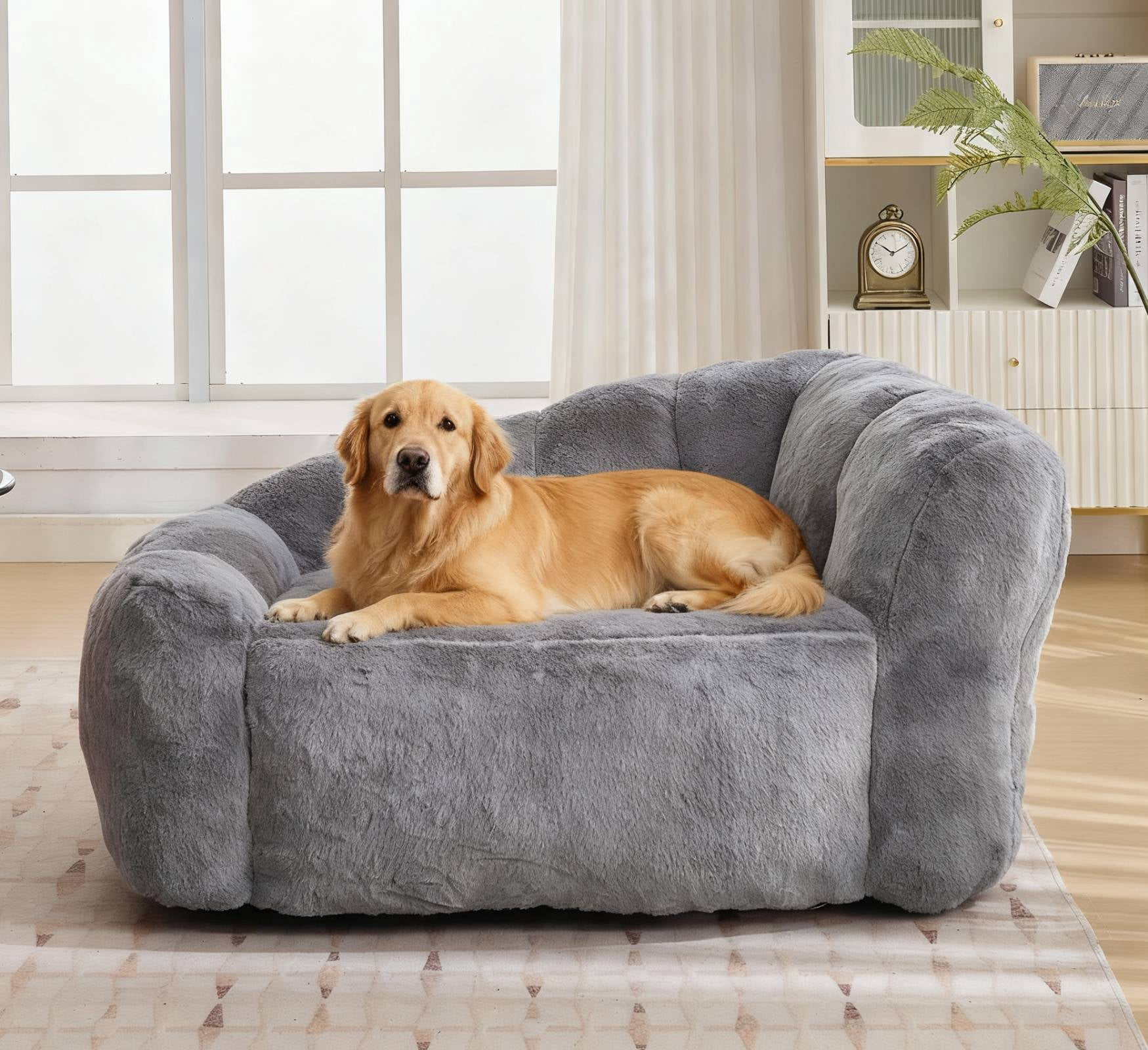 Dog Sofa Couch Bed for Medium, Large Dogs, 51" Pet Sofa with Faux Fur Fabric, Comfortable Pet Couch with Backrest and Armrests Dark Grey