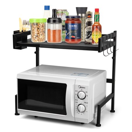 BEKAY Microwave Oven Rack with Utensil Holder 4 Hooks   Adjustable 2-Tier Microwave/Toaster Shelf for Home