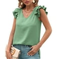 thumbnail image 4 of Idoravan Tank Tops for Women Clearance Women's Summer Solid V Neck Tank Top Pleated Ruffle Sleeve Top, 4 of 9