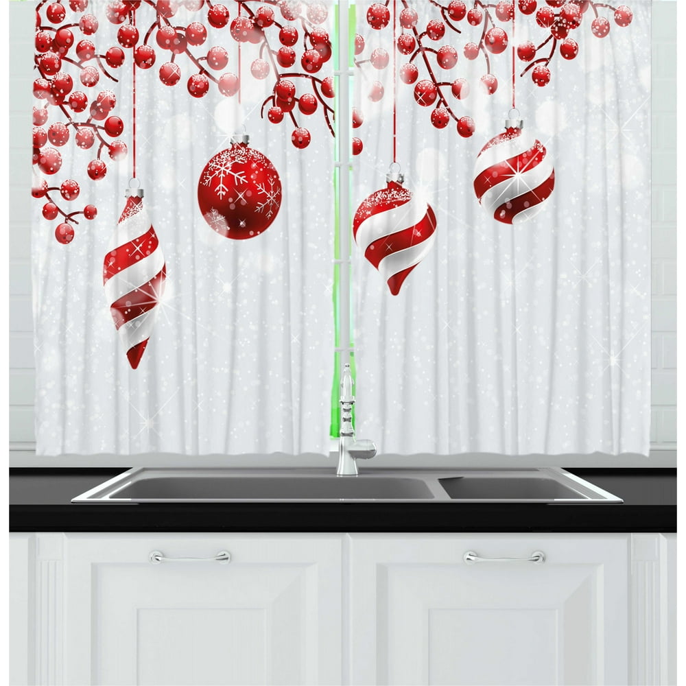 Christmas Curtains 2 Panels Set, Traditional Design Icons Holly Berry