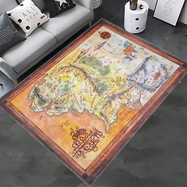 Middle Earth Map Area Rug, Multicolor, 47'x70' (120x180cm), Custom, Living Room, Non-Slip, Cotton, Machine-Woven, Water Resistant, Limited Warranty