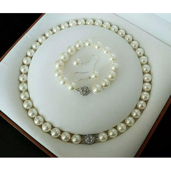 K-KED 10mm White Round South Sea Shell Pearl Necklace Bracelet Earring Delicate Jewelry Set