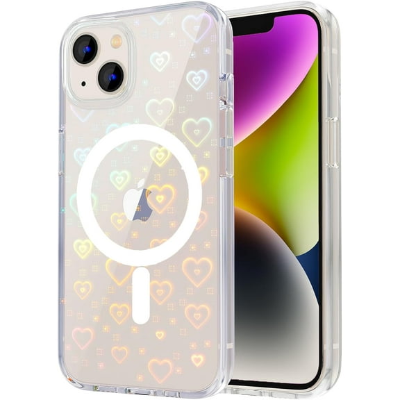 for iPhone 14 Case Compatible MagSafe, Clear Cute Glitter Laser Holographic Heart Pattern Design for Women Girls, Anti-Yellow Hard PC Protective Phone Cover for Apple iPhone 14, Rainbow Heart