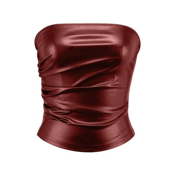 TSADFHJI Christmas Tops Women Plus Size Red Women Leather Tube Top Sexy Ruched Strapless Tops Club Party Rave Top Going out Corset Top L Red