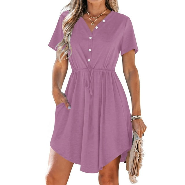 LOVZFMLL Robe d'Été Décontractée pour Femme à Manches Courtes, Col en V, Boutonnée, Robe de Plage pour Vacances et Voyages avec Poches, Violet, A 3TG