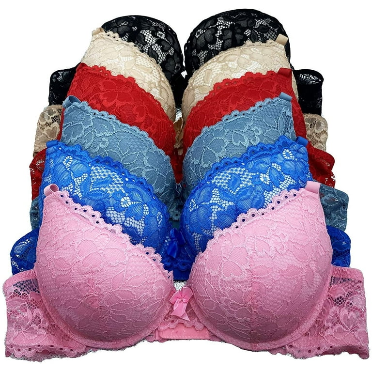 6 Pieces ADD 1 Cup Lace Polka Dot Wired Double Pushup Push Up Bra B/C (32B)  
