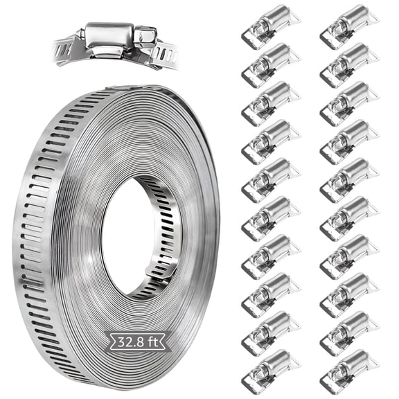 32.8ft 304 Stainless Steel Hose Clamp Kit with 20 Heavy Duty Fasteners, Adjustable Perforated Strapping Large Hose Clamps for Pipe, Duct, Tube, Automotive Mechanical