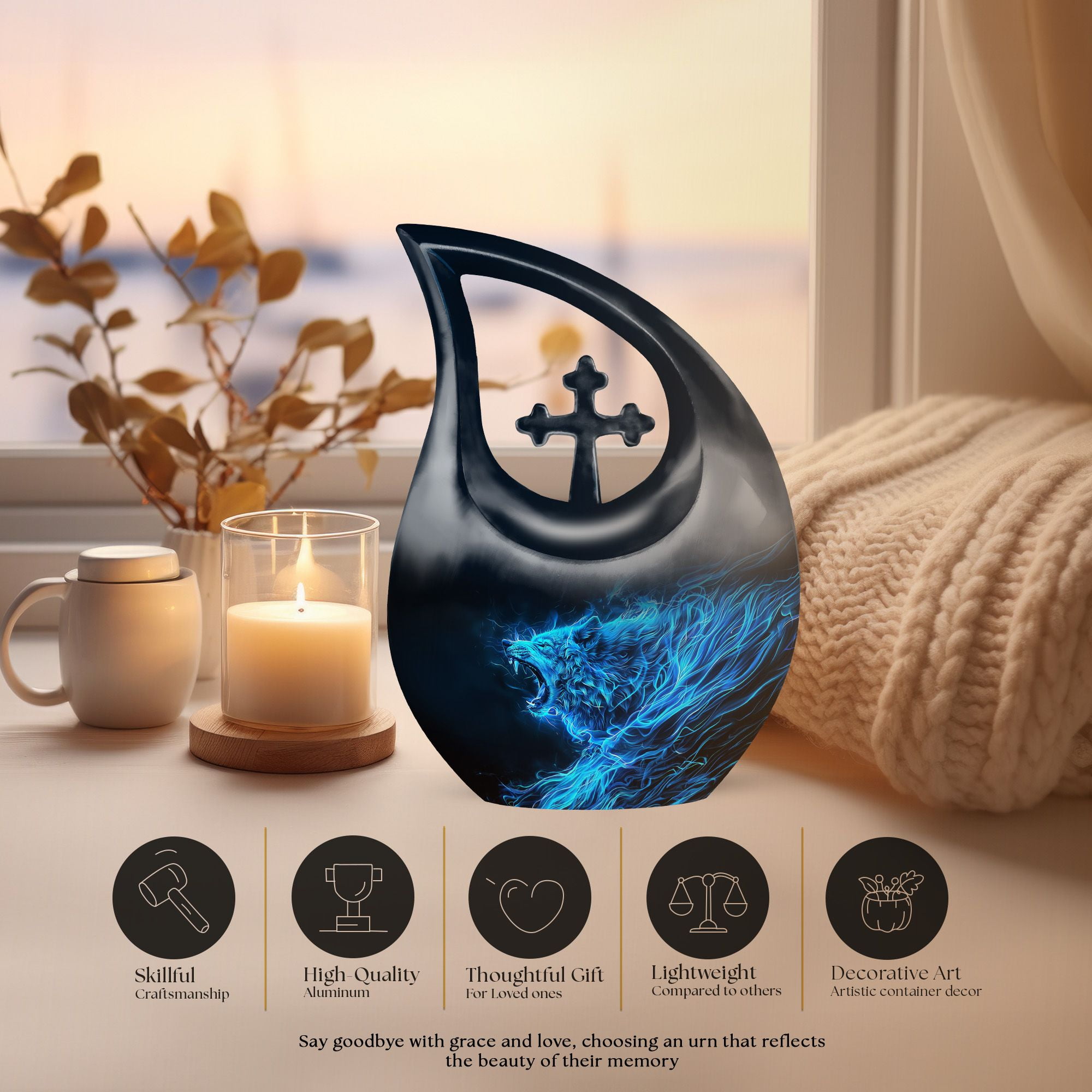 MUKTIVE Blue Wolf Large Funeral urns for Human Ashes Adult Women - Memorial urn for Human Ashes Adult Male - Burial Decorative Remains 10 inch
