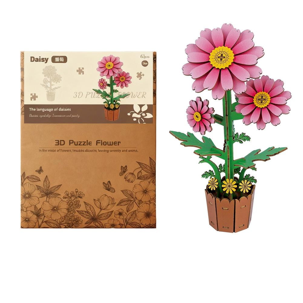 3D Flower Wooden Puzzles for Adults DIY Wooden Flowers Model Kit Building Set Crafts for Adults to Build Home Decoration and Valentines Day Toy Gift Set for Women Mom Christmas Birthday Valentines