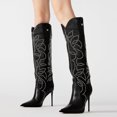 thumbnail image 3 of FSJ Women Western Pointed Closed Toe Knee High Boots Stiletto High Heel Wide Calf Pull On Long Boots Embroidery Retro Date Shoes Size 5.5 Black, 3 of 6
