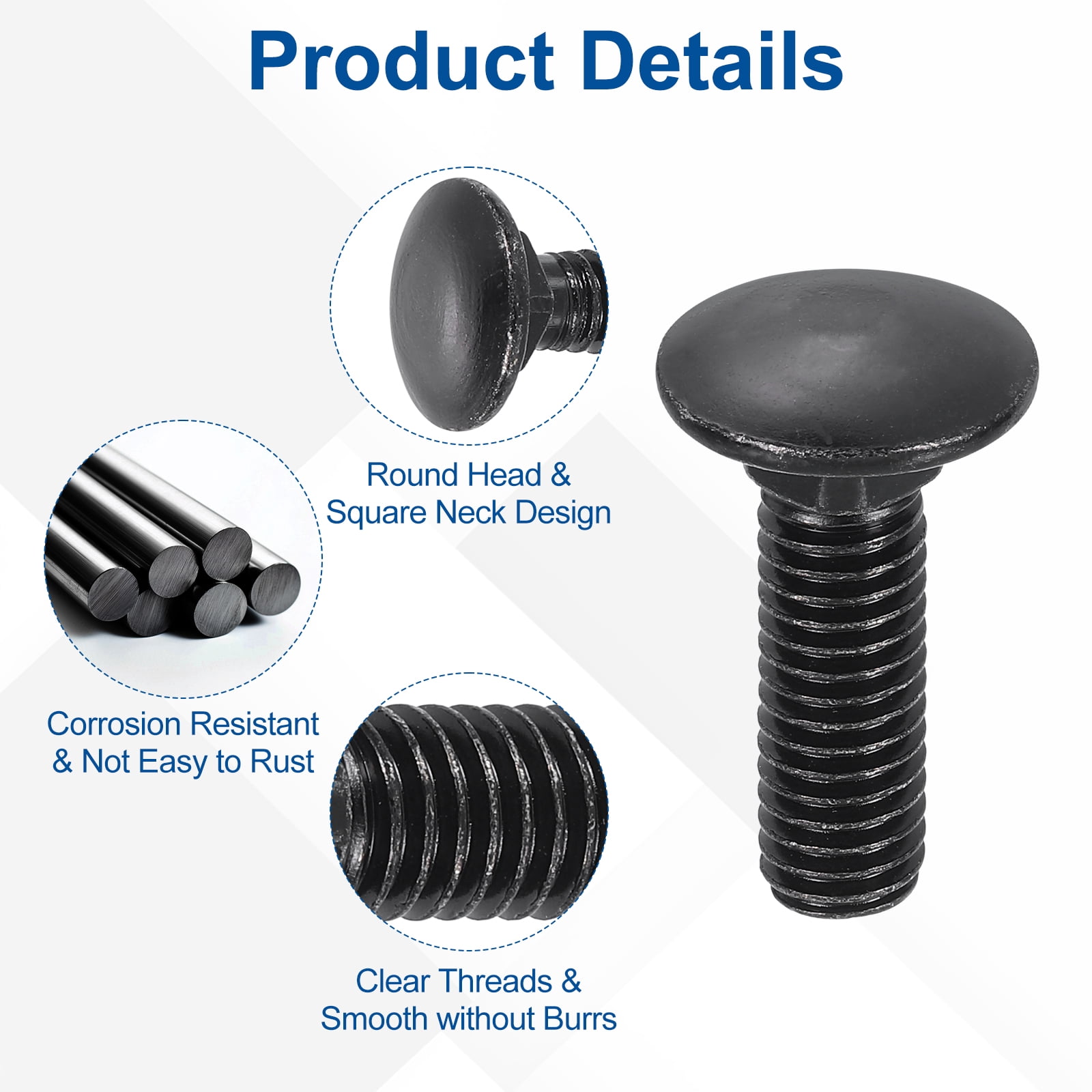 Uxcell 50Pack 3/8"-16x1-1/2" Carbon Steel Carriage Bolts Round Head Square Neck, Black