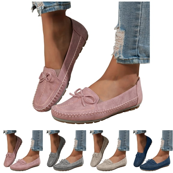 Pandaie Women's Ballet Flats Comfortable Round Toe Slip on Flat Shoes Suede Bowknot Casual Dressy Work Walking Driving Loafers Blue Size 6