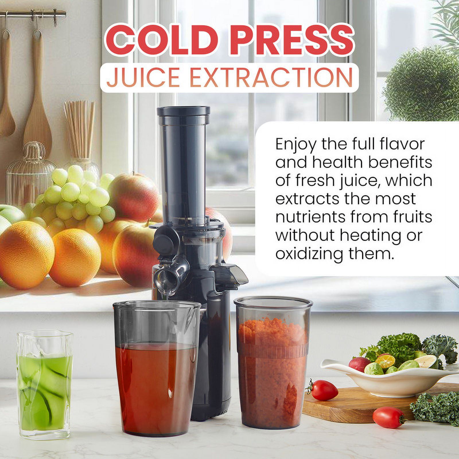 Elite Cuisine EJX506 Compact Masticating Cold Press Slow Juicer, Black