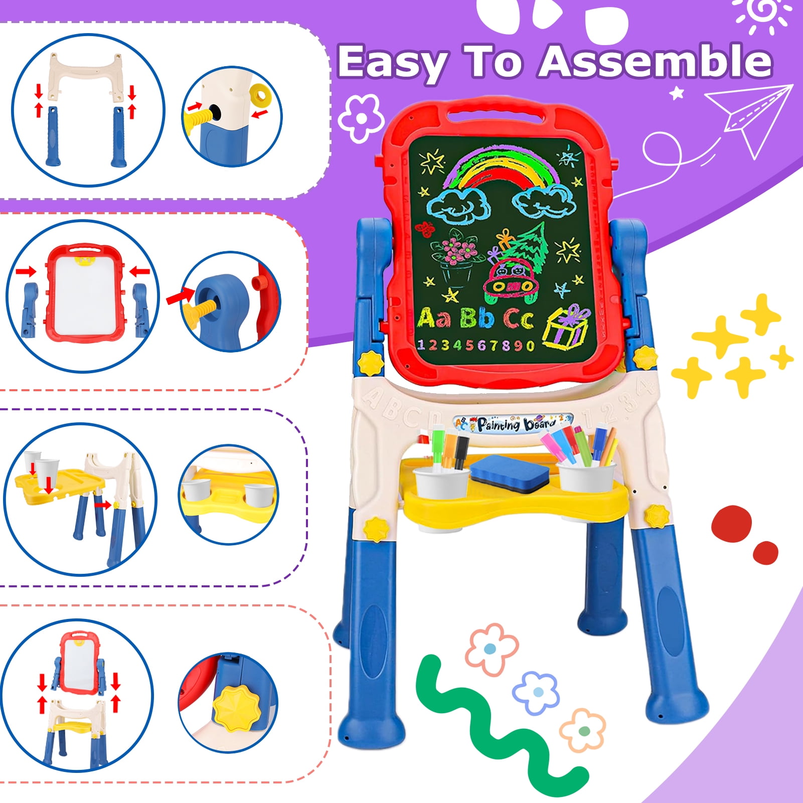 Sunforu Double-Sided Magnetic Kid Art Easel, Complete Drawing Station with Whiteboard and Chalkboard, Height-Adjustable, Blue