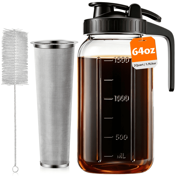 VA1KENE 64oz Cold Brew Coffee Pitcher Ice Coffee Maker with Spout, Handle & Stainless Steel Filter Coffee Maker with lid for Home Kitchen-Black