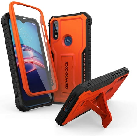 ExoGuard for Moto E Case, Rubber Shockproof Full-Body Cover Case Built-in Screen Protector and Kickstand Compatible with Moto E Phone 2020 (Orange)