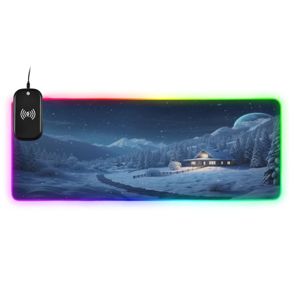 Wireless Charging Mouse Pad Large RGB Gaming Desk Mat 13 Light Modes Mousepad 31.5x11.8 House in Snow