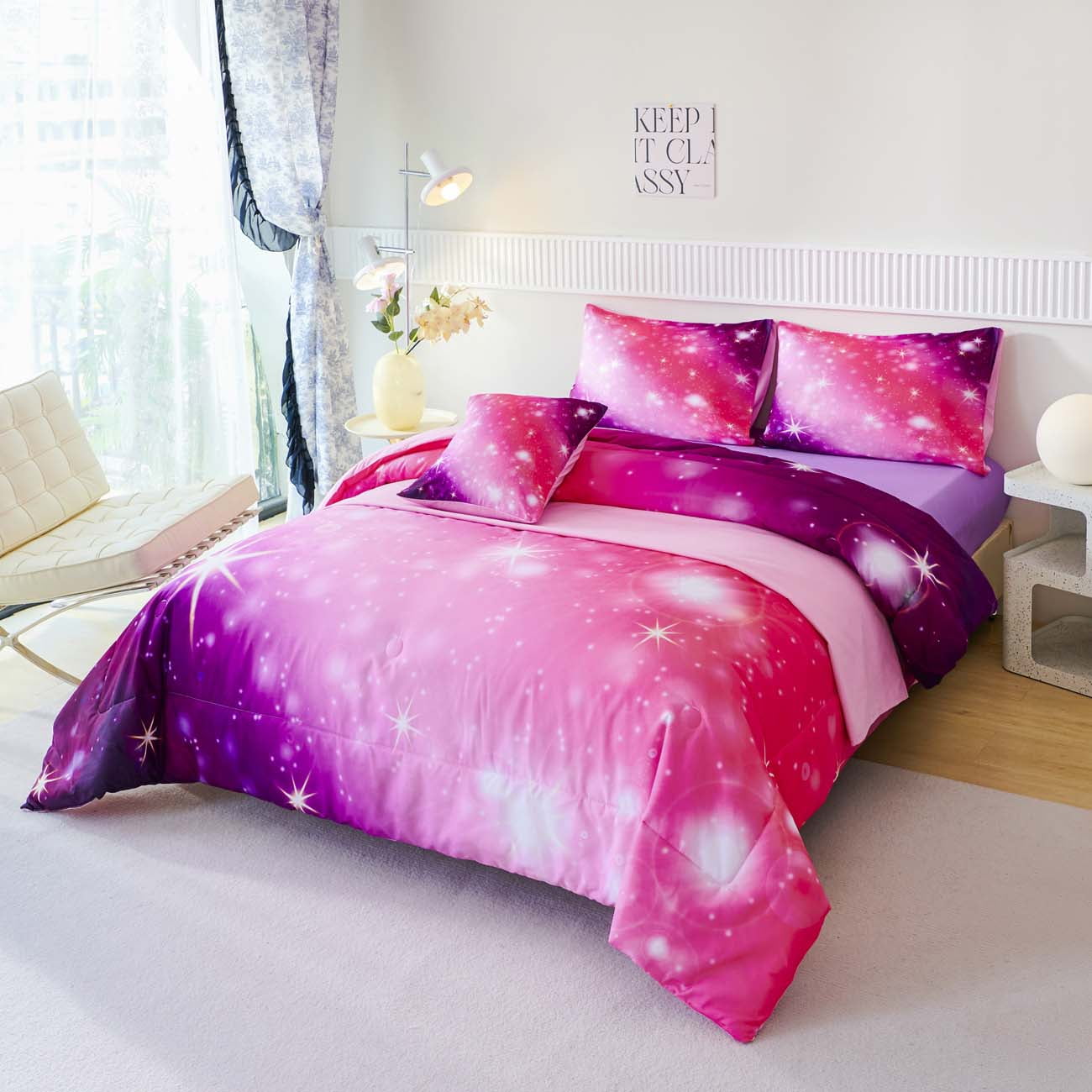 URBONUR Pink Purple Rainbow Girls Bedding Sets Full Size, 4 Pieces Gradient Glitter Comforter Set for Girls, Sparkle Galaxy Comforter Bedding Set for Toddler/Kids/Girls