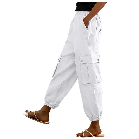 GUACER Women's Cargo Pants Elastic Waist Linen Jogger Trousers Multi Pocket Relaxed Fit Casual Streetwear