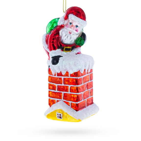 Santa Going Down the Chimney Glass Christmas Ornament