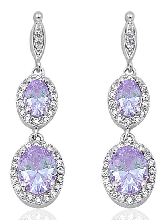Double Halo Ovel Dangle Lavender Cubic Zirconia Earringss Sterling Silver