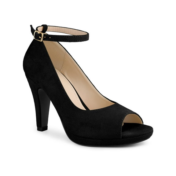 BLISSFUL STEP Platform Peep Toe Ankle Strap Stiletto Heel Pumps for Women Black 7