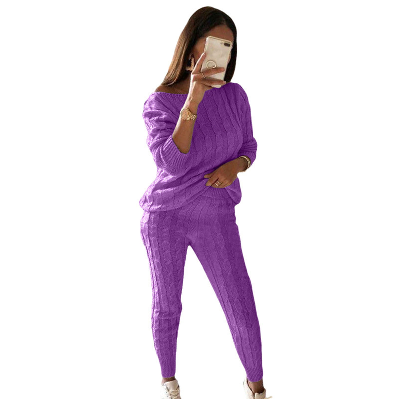 UTTOASFAY Plus Size Women Clearance Picks Shoulder Color Purple 18(Xxxxxl) Set Warm Long Two-Piece Sweater Sleeve Solid Pants Knitted Suit Cable off Womens Flash Long Pants