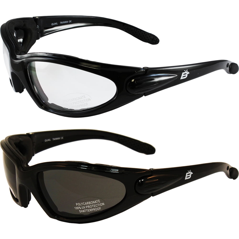 2 Pair Birdz Motorcycle Foam Padded Glasses Sunglasses Smoked and Clear